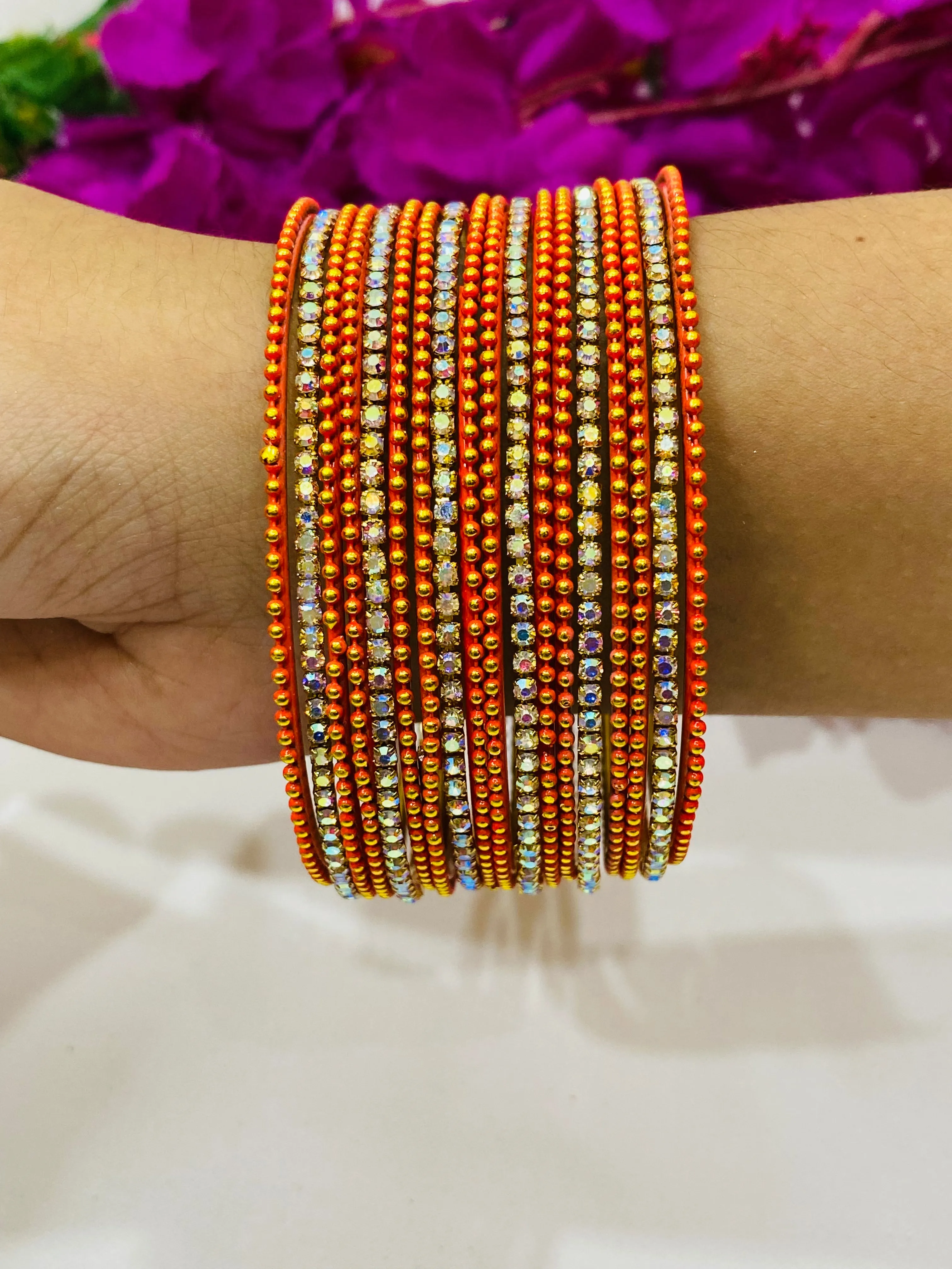 Alluring Orange Color Bangles With Flashing White Stone For Women