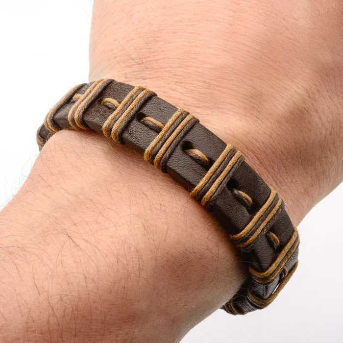 Brown Stripe Threaded Leather Bracelet w/ Steel Clasp