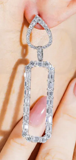 Louvenia 9 Carats Emerald Rectangular Lab Grown Diamond Drop Earrings in 18K White Gold