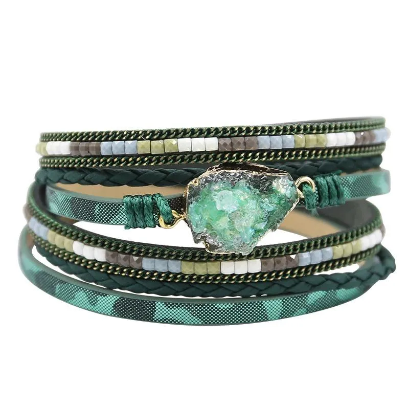 Multi-wrap Druzy Bracelets with Feather Leaf Charm